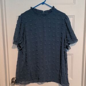 SHEIN Curve Blue Dobby Dot Chiffon Ruffle High Neck Blouse 3XL